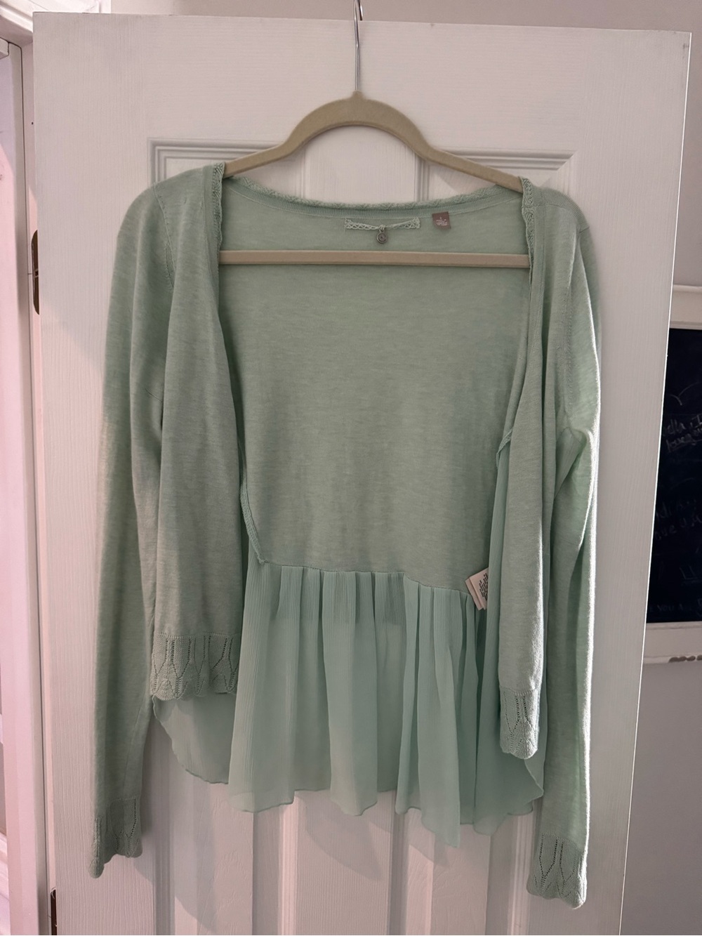 Anthropologie Mint Green Open Cardigan with Chiffon Peplum